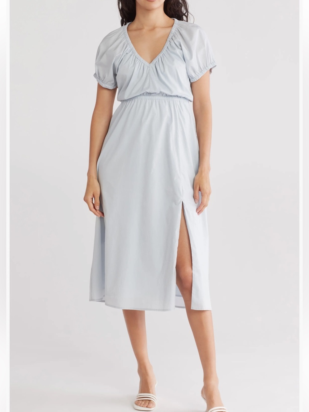 Puff Sleeve Empire Waist Cotton Midi Dress m